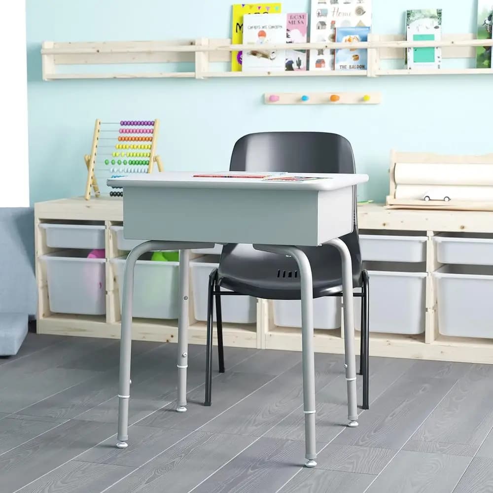 Gray Granite Top Student Desk with Silver Metal Frame, Open Front Book Box, and Pencil Storage