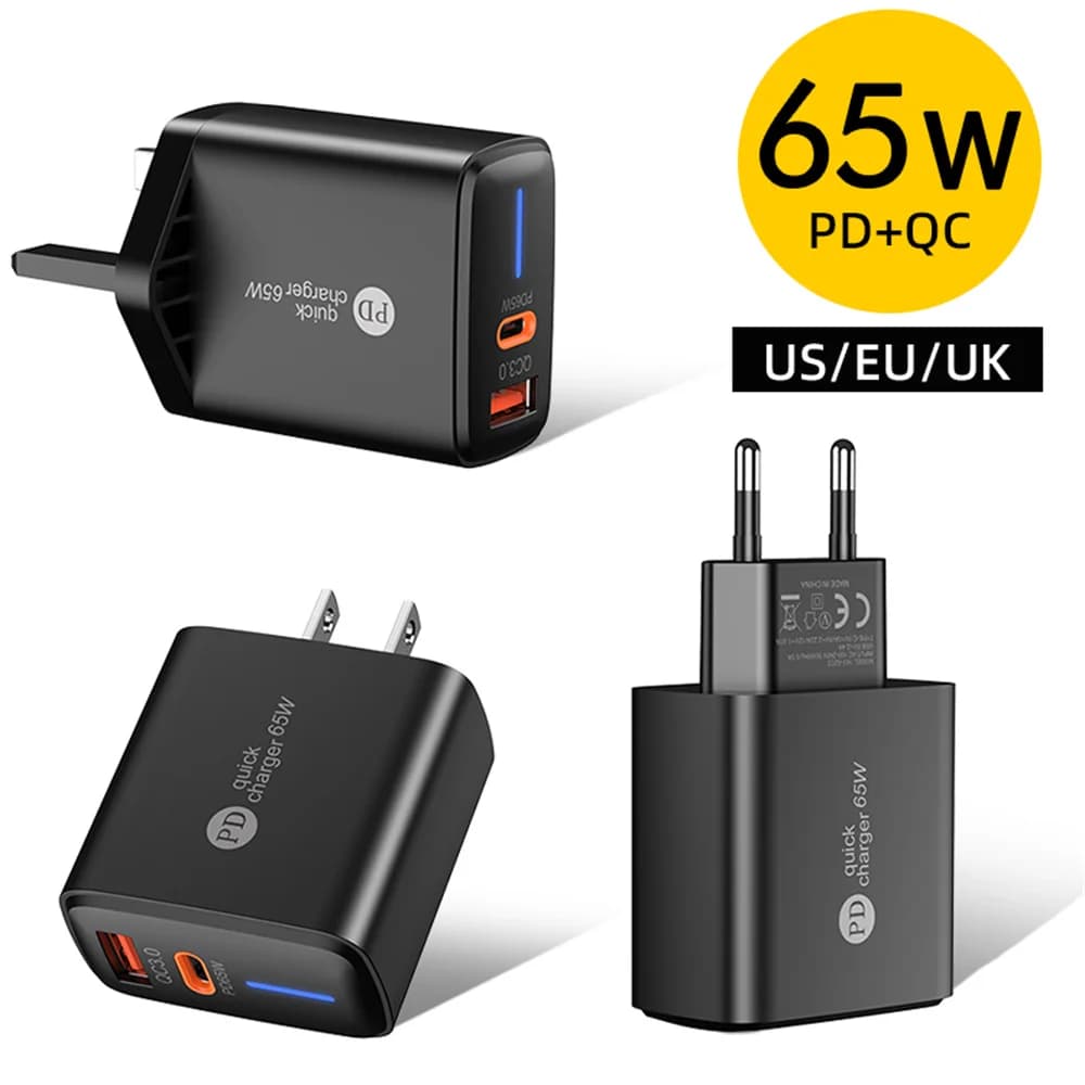 Caricatore USB C da 65 W Caricatore da muro con presa EU/US/UK per ricarica rapida per iPhone Samsung Xiaomi Huawei PD Adattatore di alimentazione per telefono con ricarica rapida