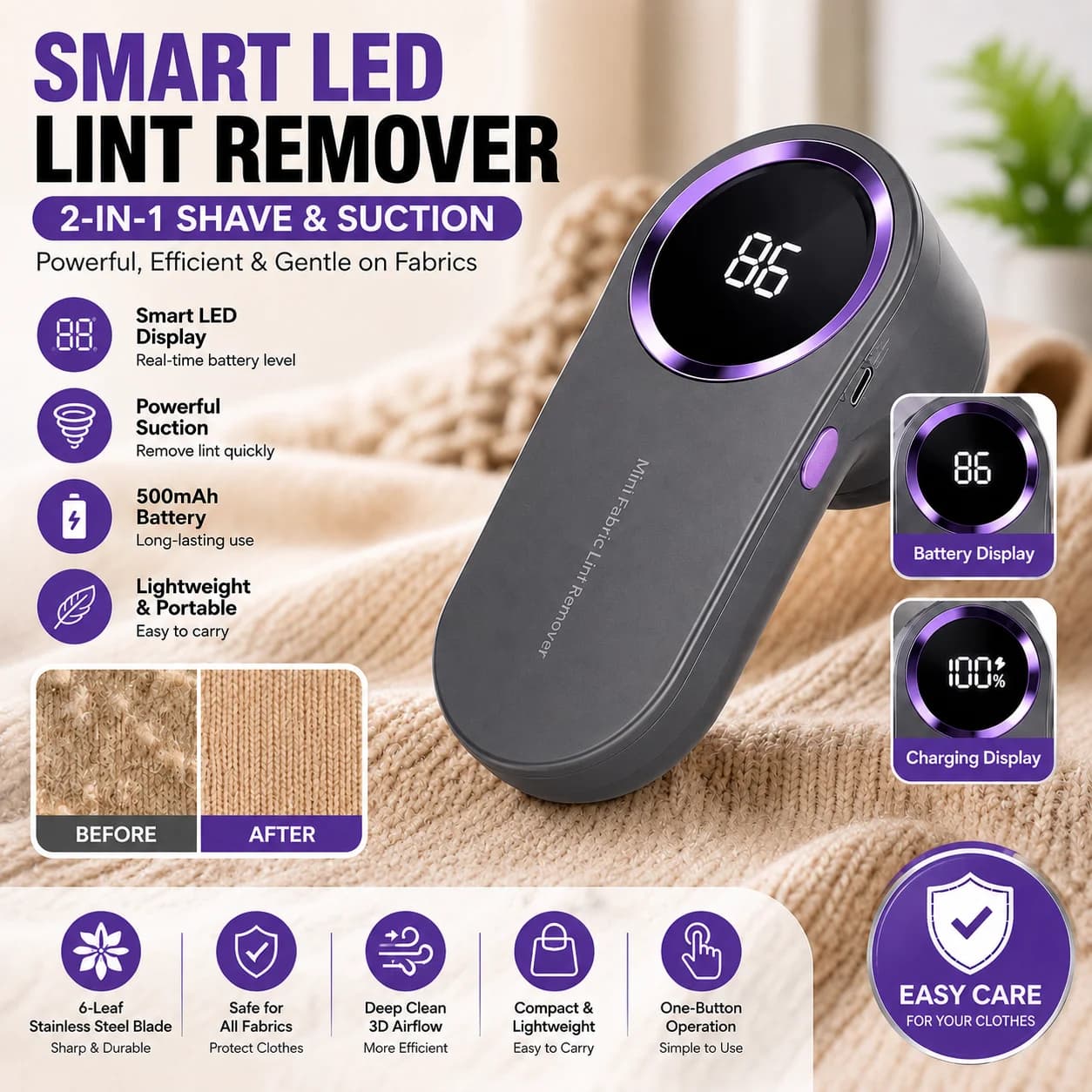 Portable Lint Remover Electric Fuzz Pellet Remover for Clothing LED Display Rechargeable for Clothes Fabric Shaver Fluff Remover