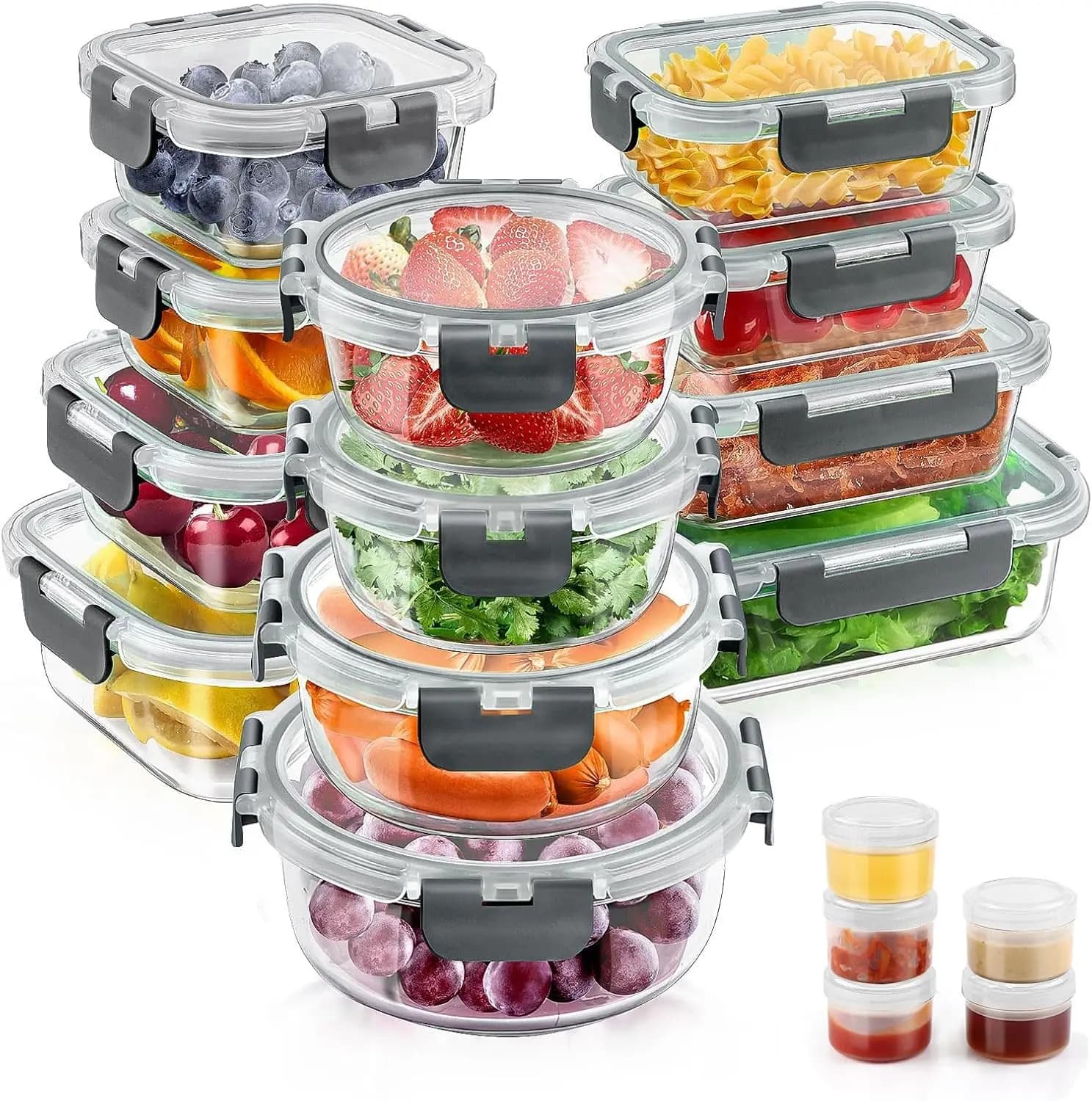 Set di 34 Contenitori in Vetro per Alimenti con Coperchi, Contenitori Ermetici in Vetro per Preparazione Pasti (17 Contenitori e 17 Coperchi), Anti-perdita