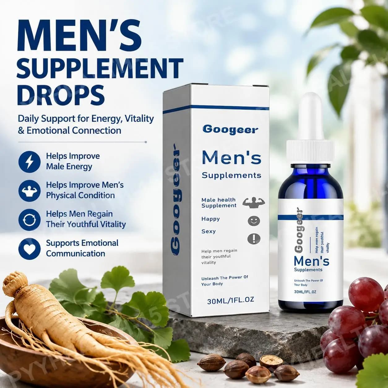 Men's Supplements Drops with Panax Ginseng, Ginkgo Biloba, Grape Seed, and Vitamin B12 for Energy & Daily Vitality Support,30 ML