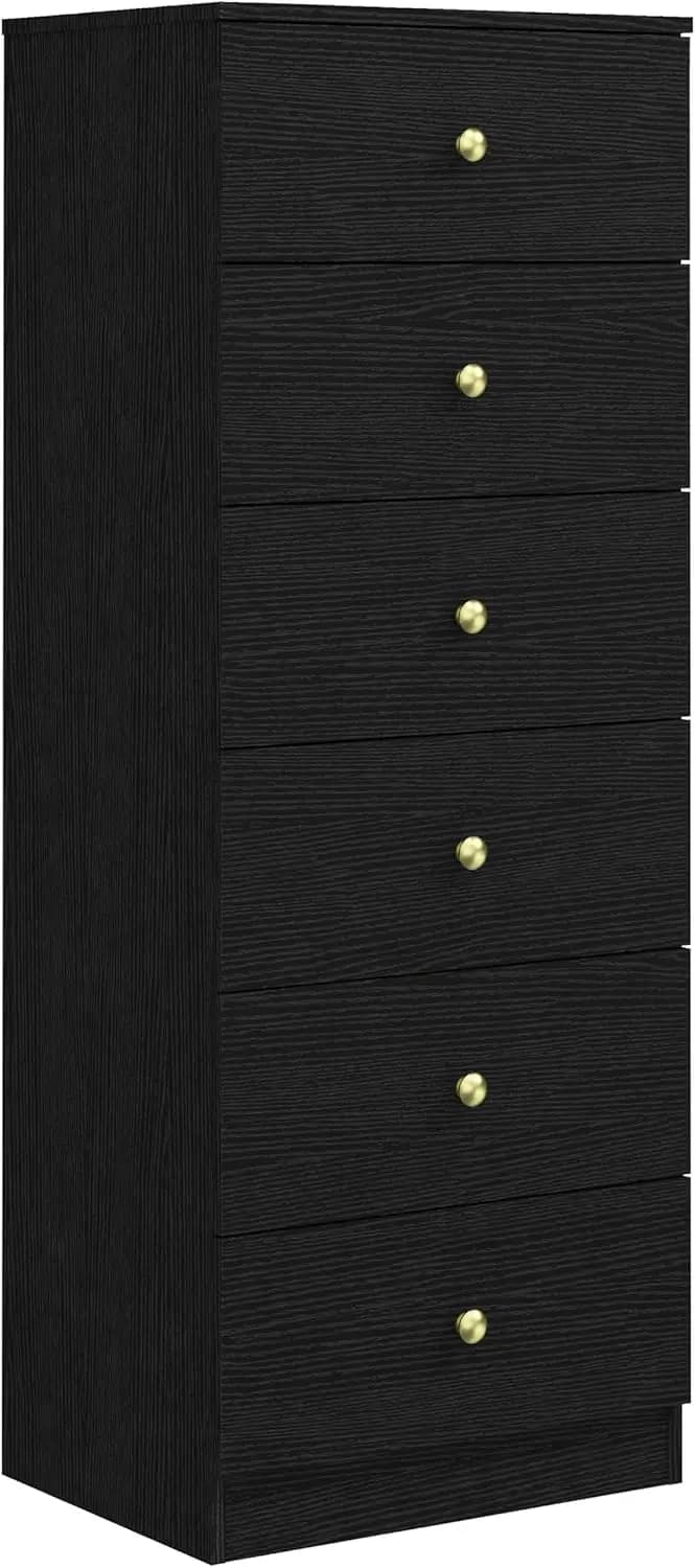 Cassettiera Verticale Moderna a 6 Cassetti, Mobile Alto in Legno con Maniglie Dorate per Camera da Letto, Soggiorno, Ufficio