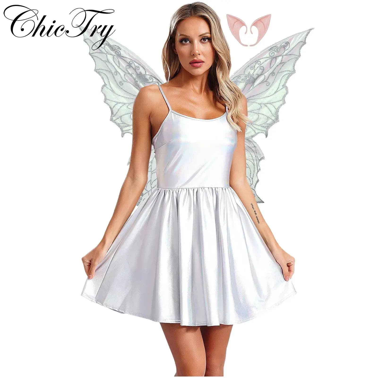 Costume cosplay da fata da donna, ali di farfalla, orecchie da fata, mini abito metallico, set di carnevale di Halloween, gioco di ruolo