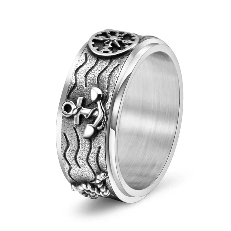 Anello girevole in acciaio al titanio per uomo, design con bussola di ancoraggio per nave pirata, gioielli Steampunk rotanti con struttura in corda antica