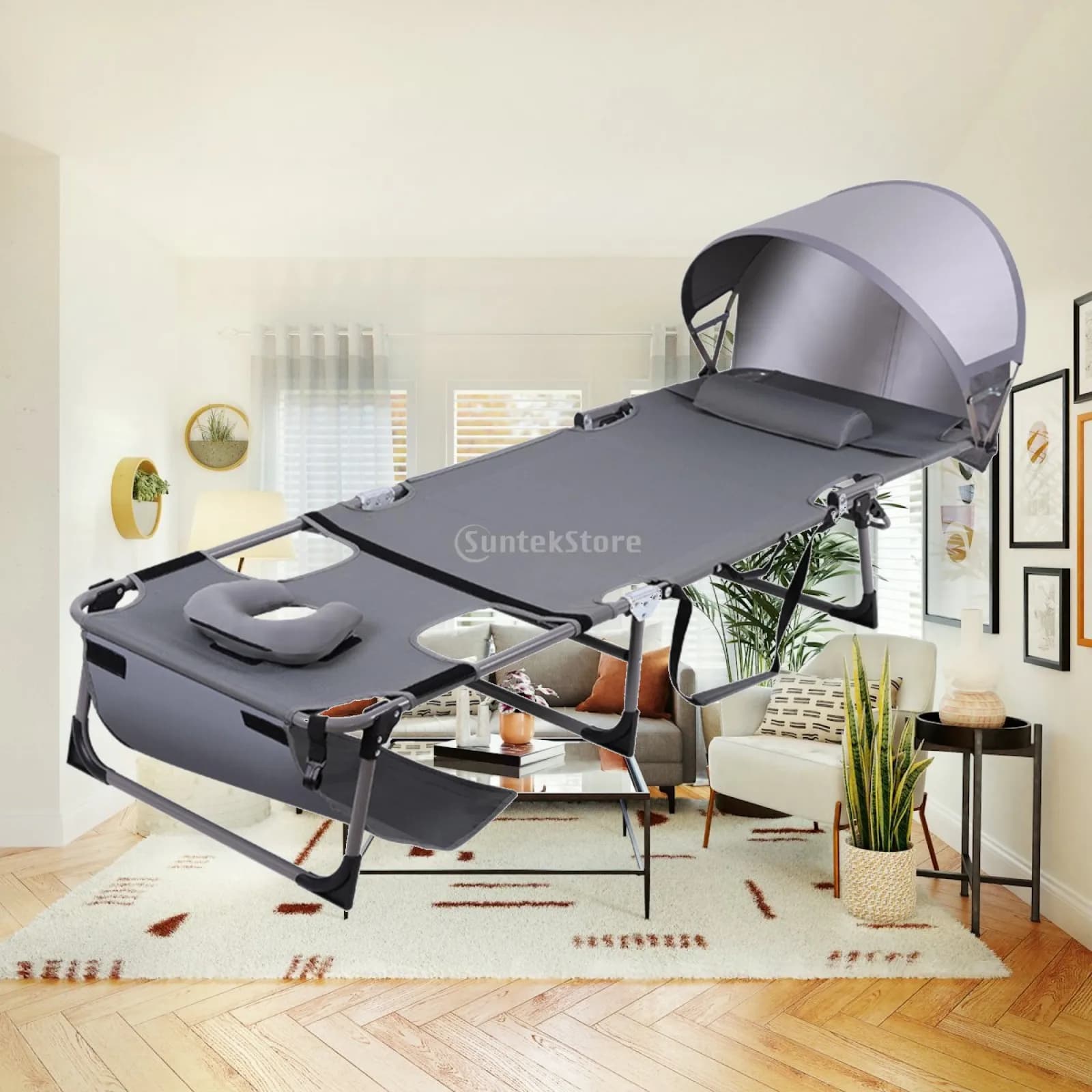 Lounge Chair Bed with Canopy Reclining Three-Fold Lounge Chair with Pillow Furniture Sturdy for Sunbathers, Beach, Camping