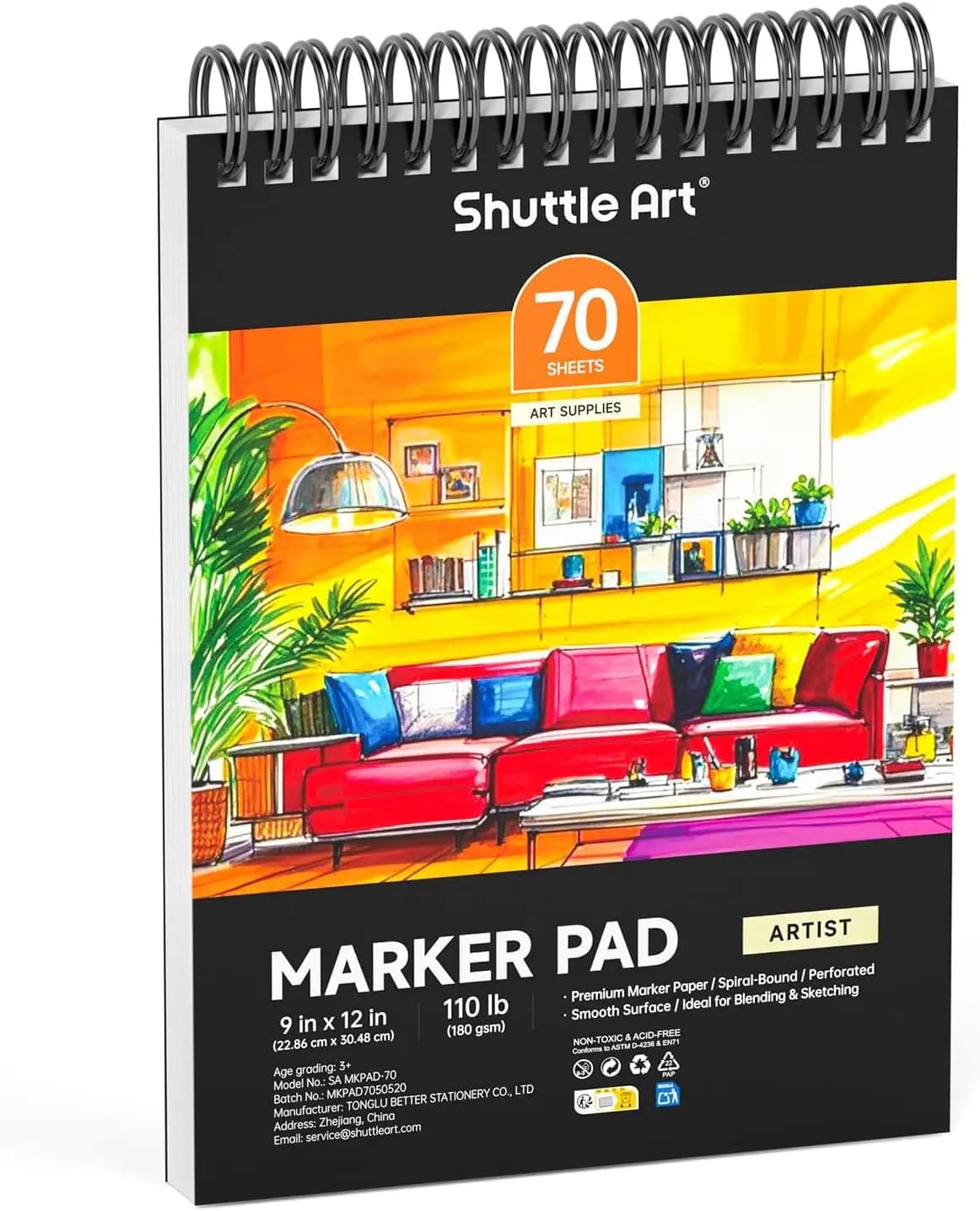 Marker Pad 12x9 Portable Sketchbook 70 Sheets 180GSM Bleedproof Drawing Paper Spiral-Bound for Artists to Draw Paint & Sketch