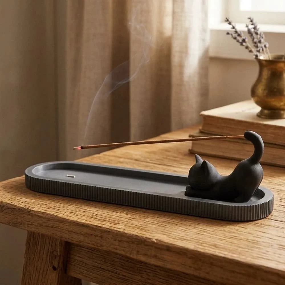 Zen Style Black Cat Incense Stick Holder Mobile Cat 3D Printed Incense Burner with Ash Catcher Animal Cat Statue