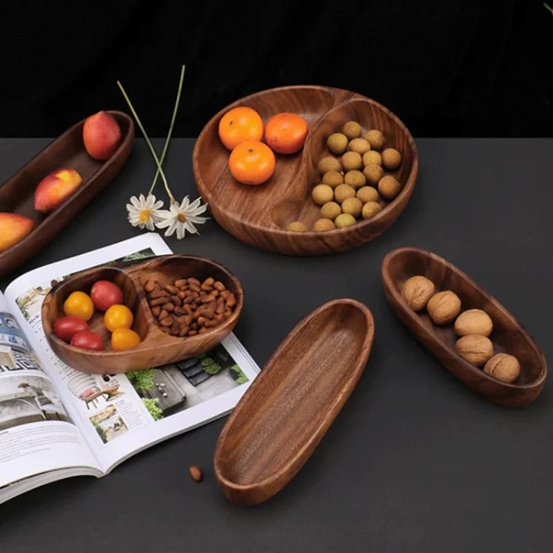 Vassoio per frutta doppia in noce Porta semi di melone in legno massello Scatola per frutta secca per uso domestico Organizzatore di stoccaggio in legno di acacia