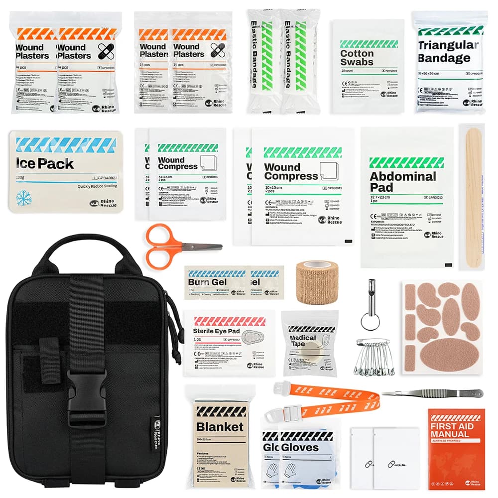 RHINO RESCUE Kit di pronto soccorso per la casa e l'esterno | Gel per bruciare, laccio emostatico, benda per traumi, coperta termica | Emergenza familiare