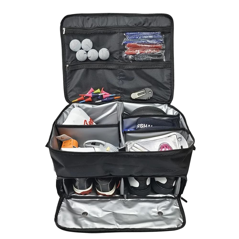 Golf Trunk Organizer Storage with Separate Compartment for 2 Pair Shoes up to US Mens 16 Golf Car Locker Organizer for Balls