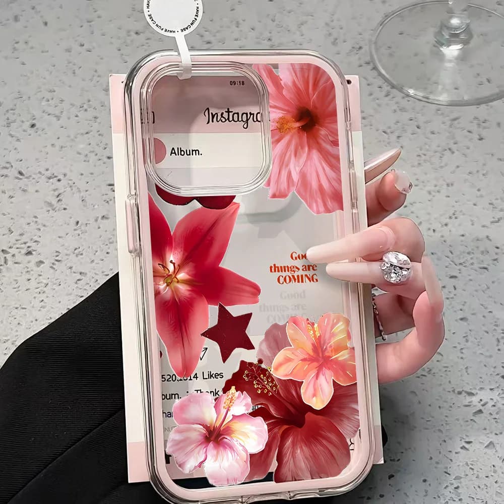 Custodia Trasparente con Fiori di Ibisco per iPhone 17 13 16 15 11 12 14 Pro Max 17 Air XR X, Cover Morbida Antiurto in Silicone 2 IN 1