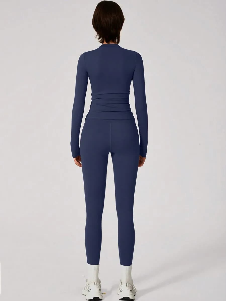 Set da yoga a maniche lunghe in tinta unita da donna, top sportivo e leggings