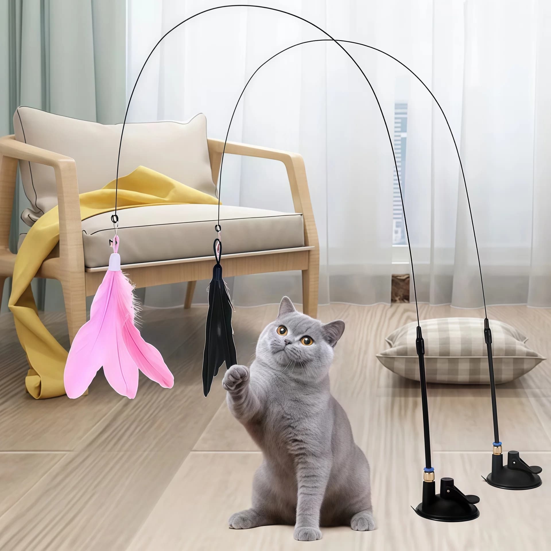 Cat Toy - Interactive Bacchetta with Bell and Feather - Long Auction with Suction Cup for Exciting Ludiche Adventures - The Definitive Toy for Cats