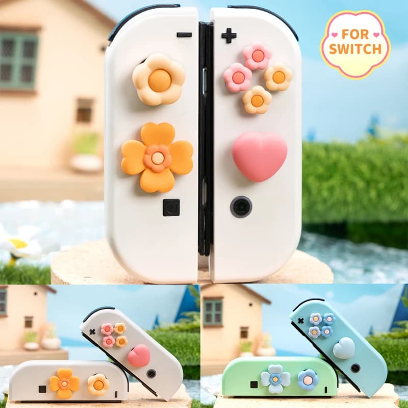 Fiore Cuore Silicone Morbido D-pad Pulsante Croce ABXY Chiave Adesivo Custodia in Pelle per Interruttore Oled NS Joy-con Thumb Stick Grip Cap Cover