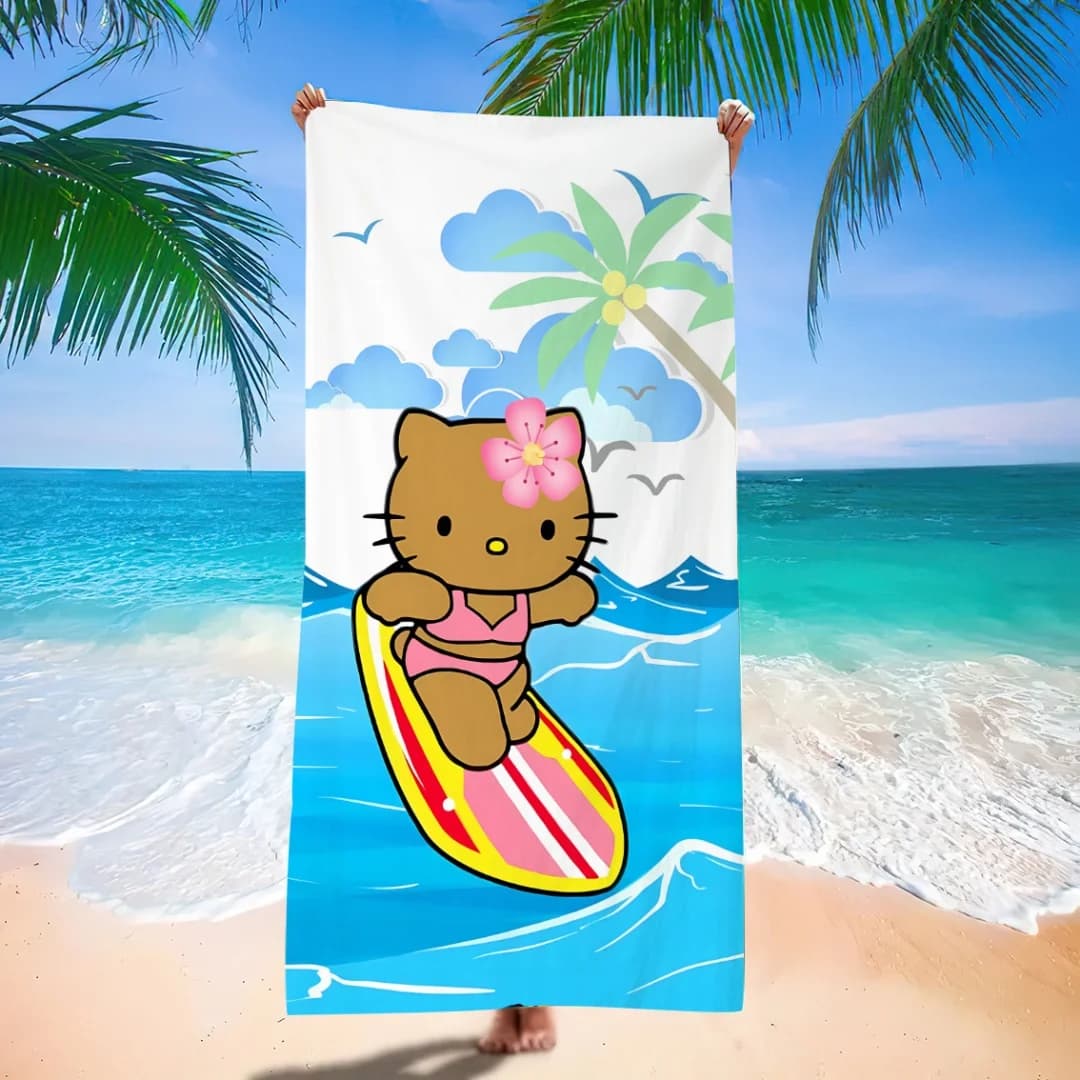 Brown Hello Kitty Surfing Beach Towel Tropical Palm Tree Design Cute Pink Bikini Kitty on Wave Summer Pool Towel for Beach Lover