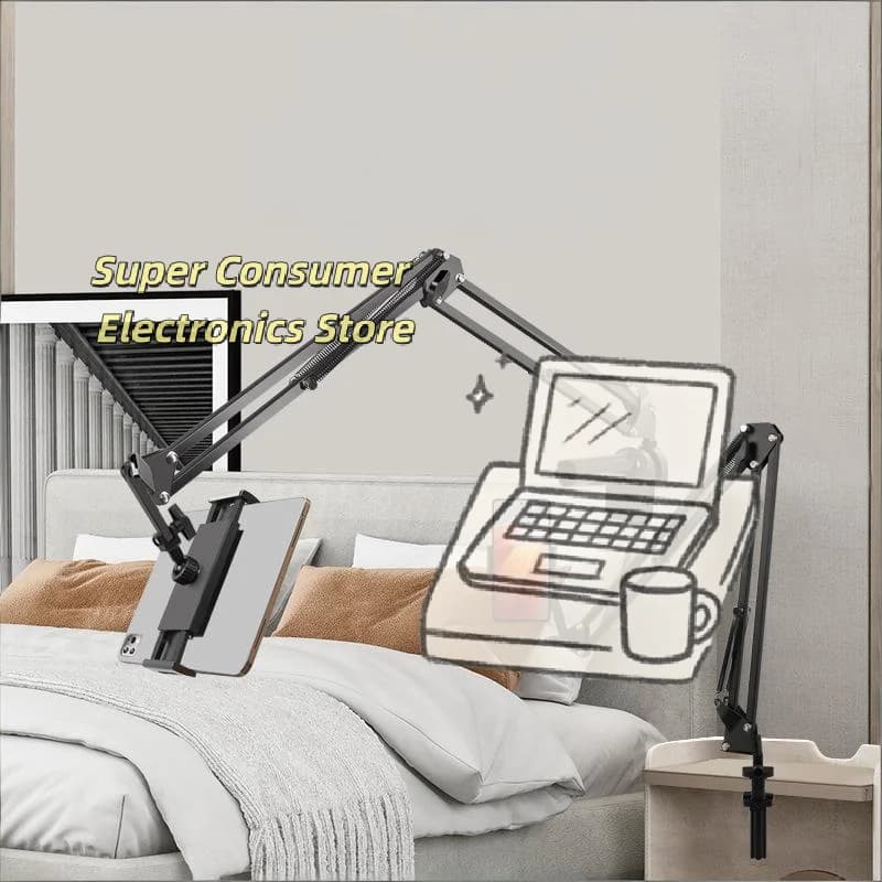 Bedside Adjustable Tablet Stand with Long Rotatable Metal Arm Desk Mount for 4 to 13 Inch Tablets for Reading Video Conference