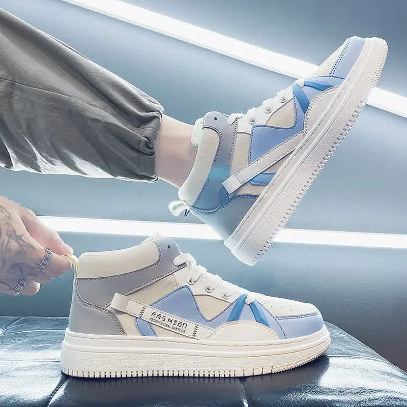 High sneakers in white canvas with thick men's sole, spring arrival, high aesthetics, versatile, for students, campus, casual shoes for all seasons