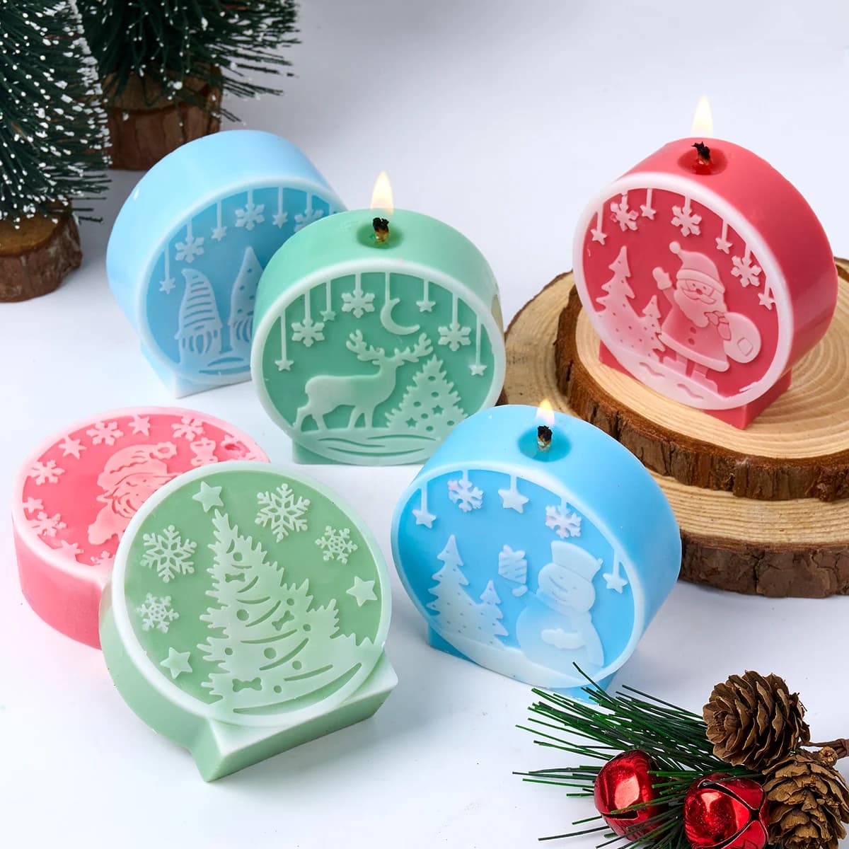 Rilievo rotondo albero di natale pupazzo di neve stampo per candele in Silicone fai da te sfera di cristallo di natale Aromath sapone gesso stampi artigianali in resina decorazioni per la casa