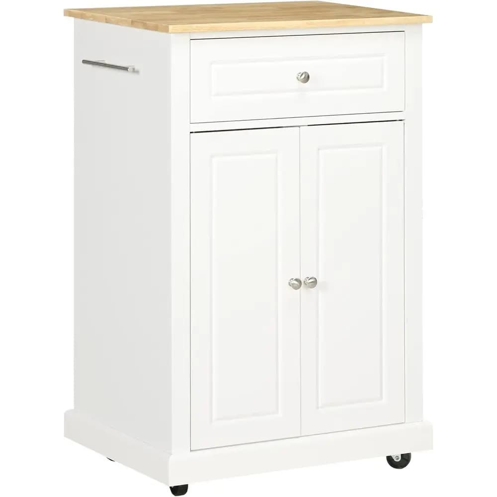 Carrello da cucina portatile, bianco crema, con ripiano regolabile e 2 portasciugamani