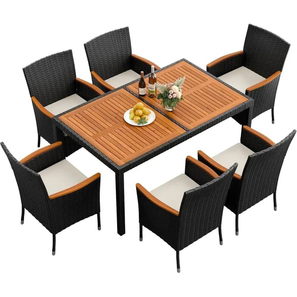 7-Piece Acacia Wood Patio Dining Set with Cushioned Chairs for Outdoor, Deck, or Garden