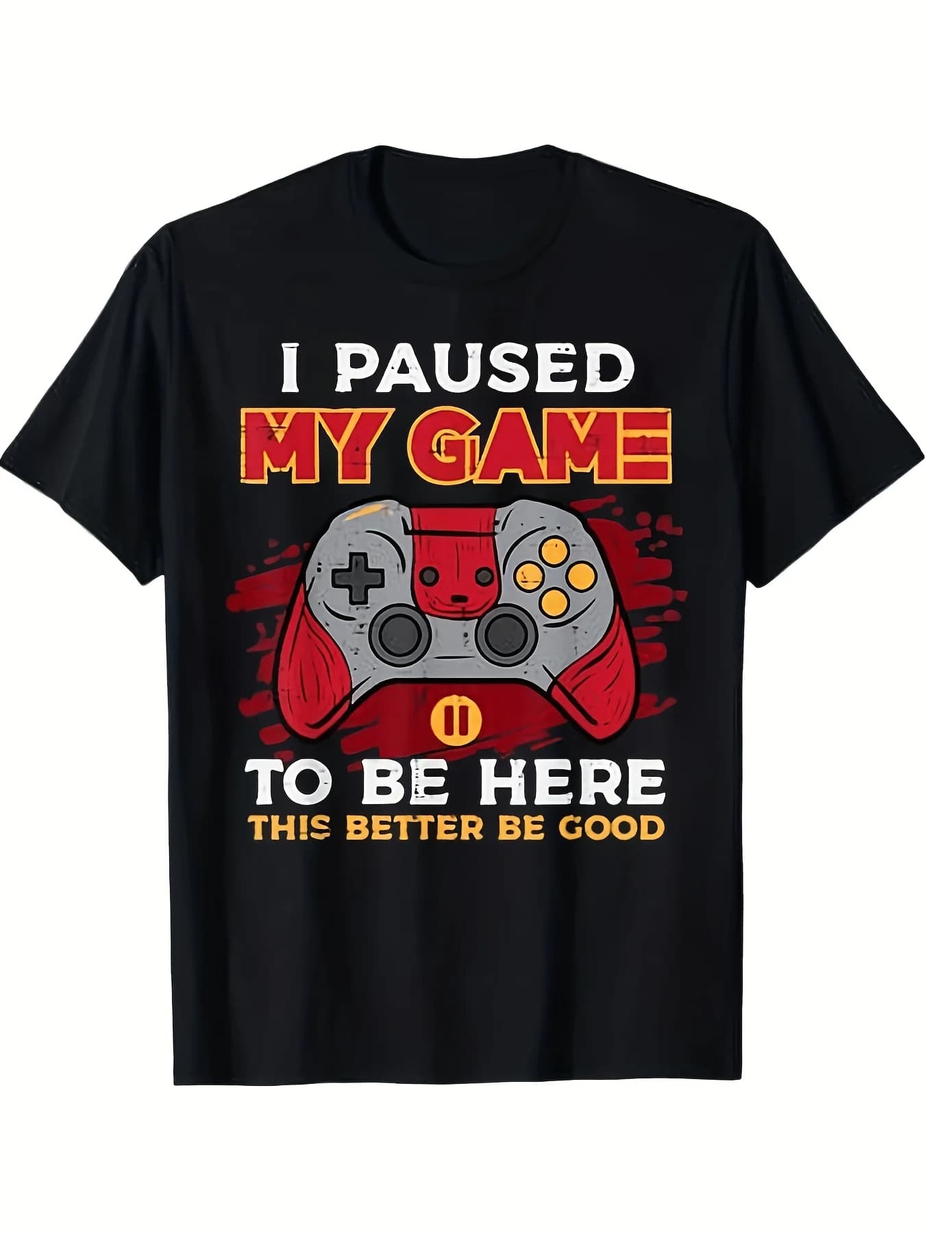 Black men's casual t-shirt with fantasy print - slogan 'I breakd the game to come here' and controller design