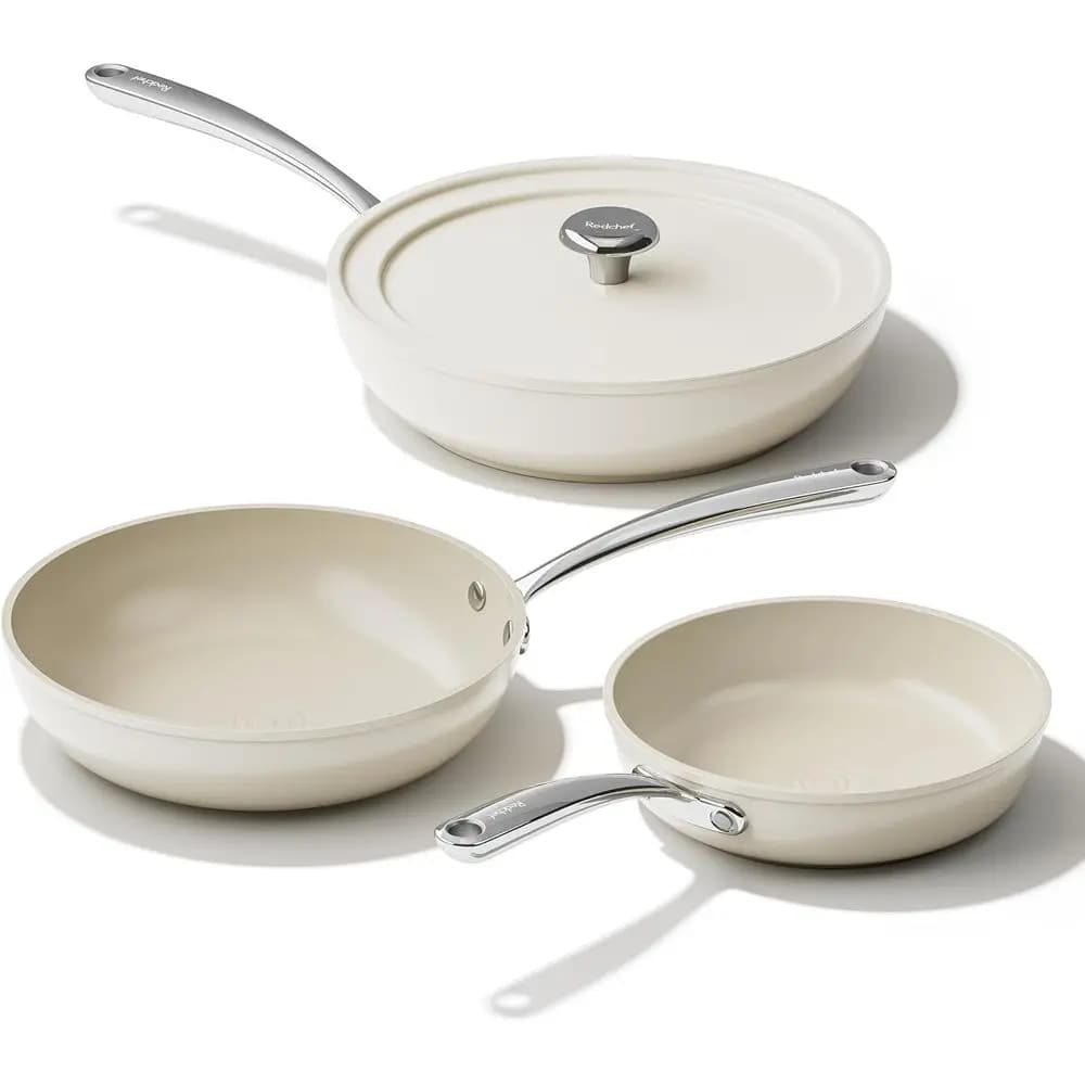 Set di 4 Padelle Antiaderenti con Coperchio, Padelle Non Tossiche, Misure 8, 9.5, 11 Pollici, Lavabili in Lavastoviglie e Utilizzabili in Forno, Beige Bianco