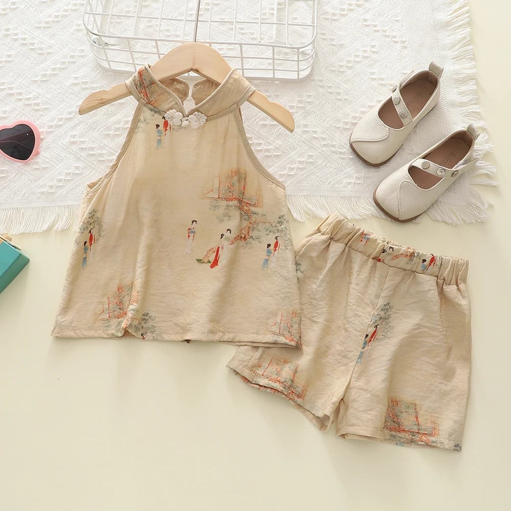 Girls Clothing Sets Antique Printed Button-Neck Vest Shorts 2pcs Kids Clothes Suit