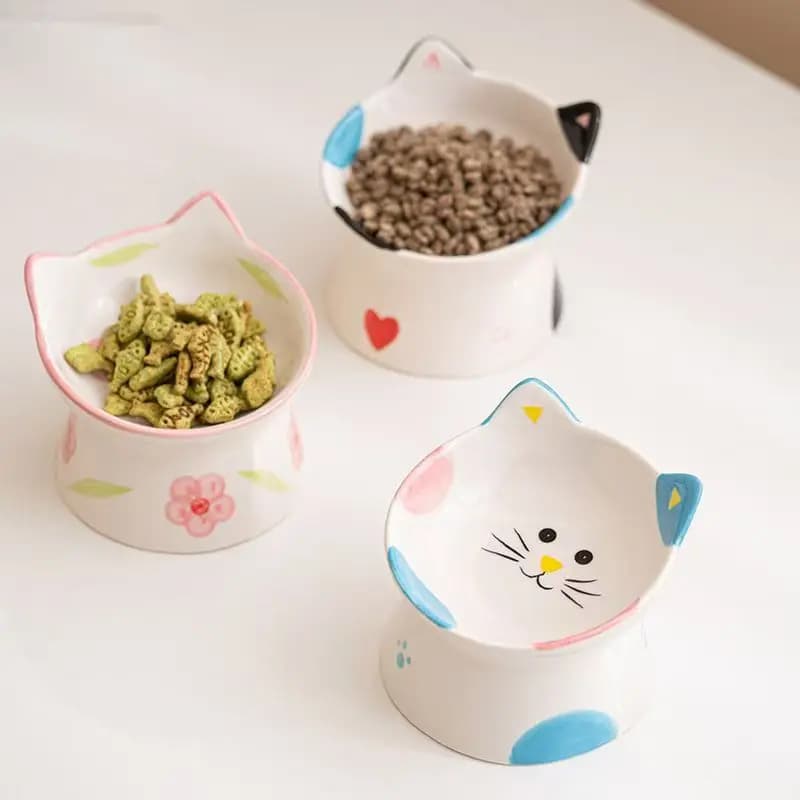 Simpatica ciotola per gatti in ceramica, protezione del collo alto, anti-detonazione, bocca obliqua a prova di perdite, bacino per cibo per cani anti-mento nero, forniture per animali domestici