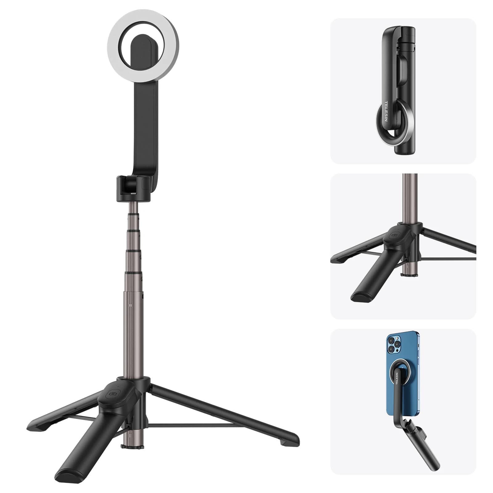 TELESIN 360 ° Mini treppiede magnetico girevole con telecomando BT per iPhone 16 15 14 13 12 Pro Max, per HUAWEI, XIAOMI, SAMSUNG