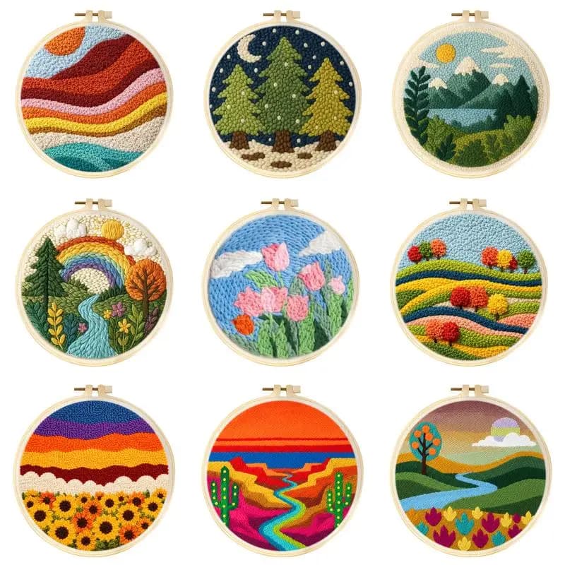 DIY Punch Needle Kits Scenery With Hoop For Beginners Punch Needle Embroidery Starter Craft Set Cross Stitch Festival Gift