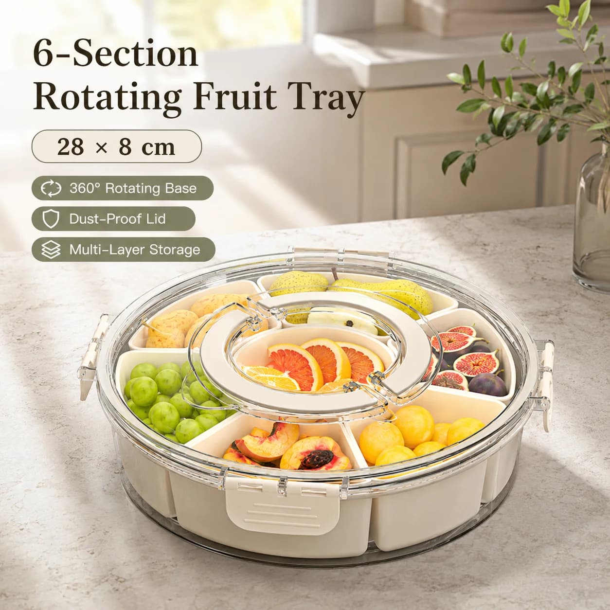 Rotating Snack Tray With Lid 6 Compartments Divided Fruit Platter Lazy Susan Candy Storage Box Container For Living Room Party