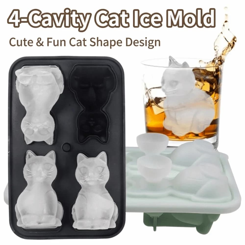 Stampo per Cubetti di Ghiaccio a Forma di Gatto 3D Facile da Rilasciare, 4 Fori, Riutilizzabile in Silicone, Lavabile in Lavastoviglie, Senza BPA