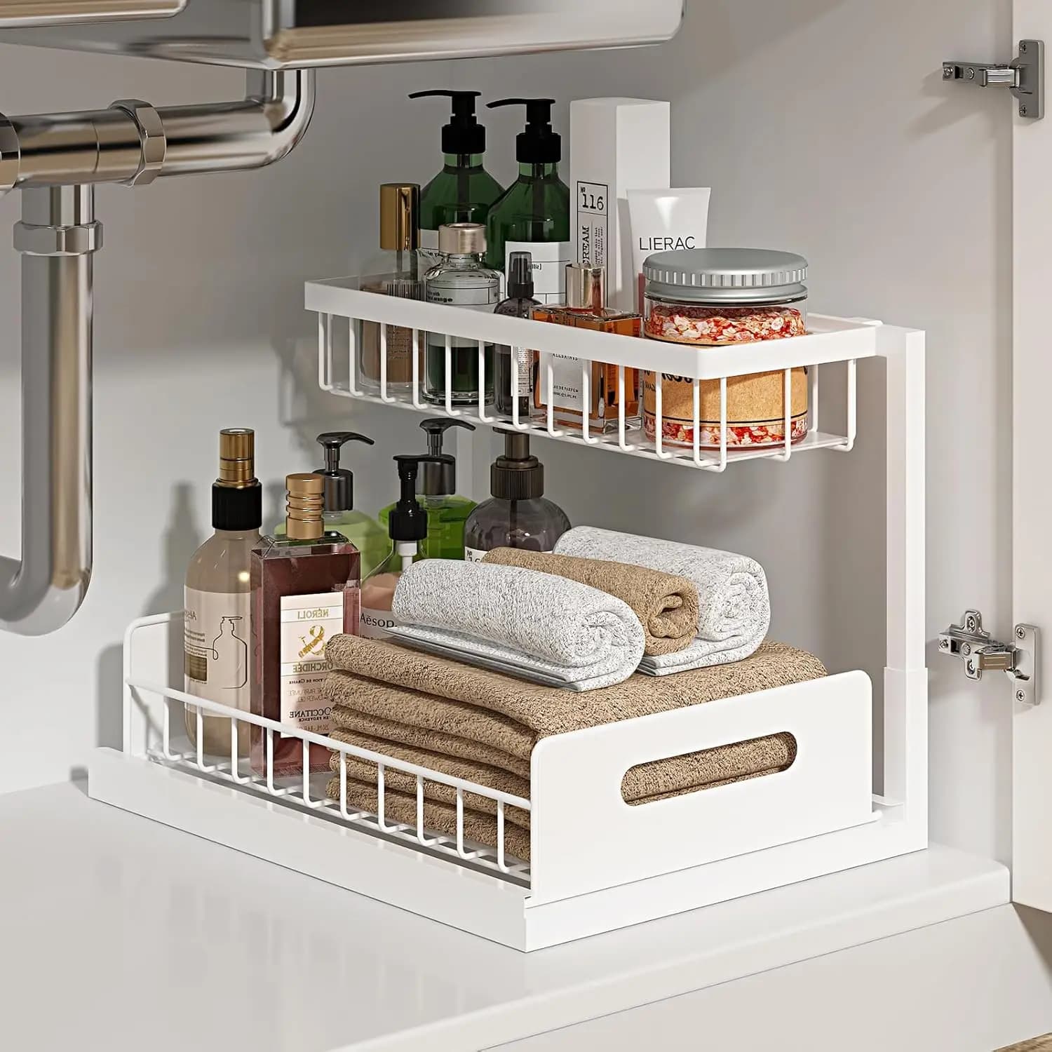 REALINN Organizzatore Sottolavello, Organizzatore Estraibile per Armadietto a 2 Livelli, Ripiani Scorrevoli per Armadietto Sottolavello, Contenitore Sottolavello per Cucina e Bagno, Bianco, 1 Pezzo