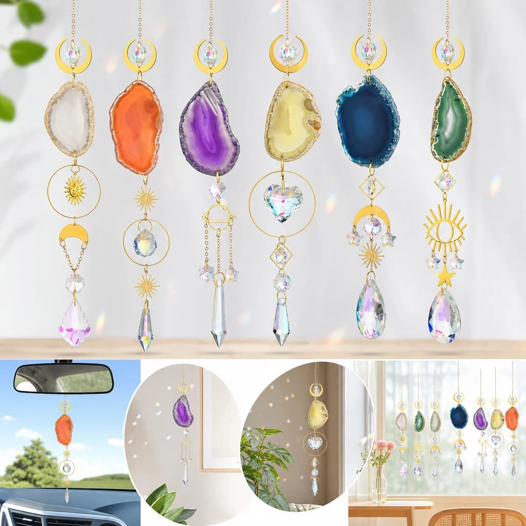 Agate Suncatcher Crystal Sun Catcher Natural Stone Prism Hanging Light Catcher Rainbow Maker Wind Chime Boho Home Garden Decor