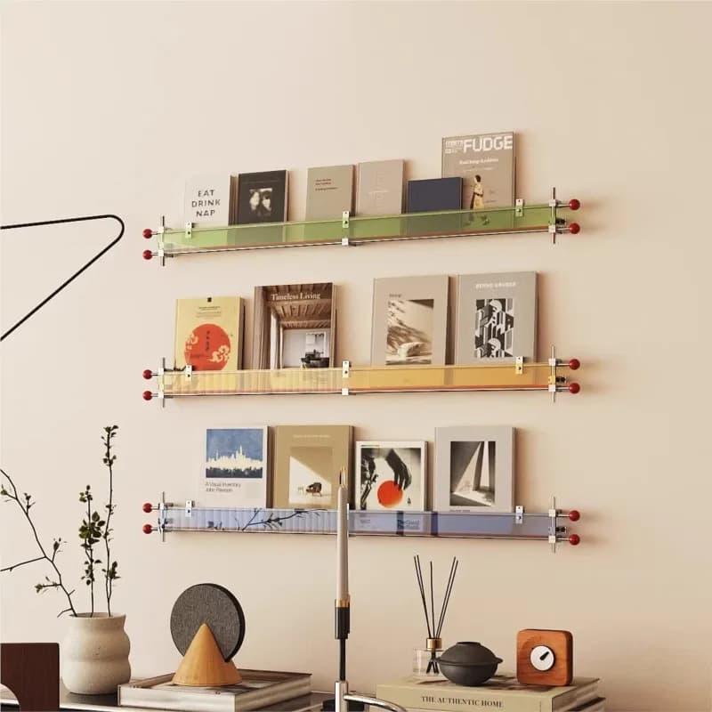 Espositore da parete per libri, portariviste con asse ottico acrilico, decorazione da parete di fondo in stile designer Bauhaus