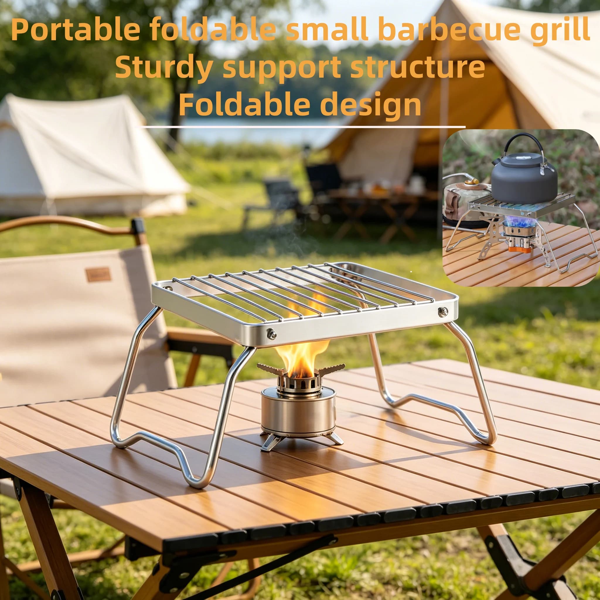 Supporto Pieghevole Ultraleggero in Acciaio Inox per Fornello da Campeggio, Set Portatile per Barbecue, Supporto per Pentole e Teglie da Picnic