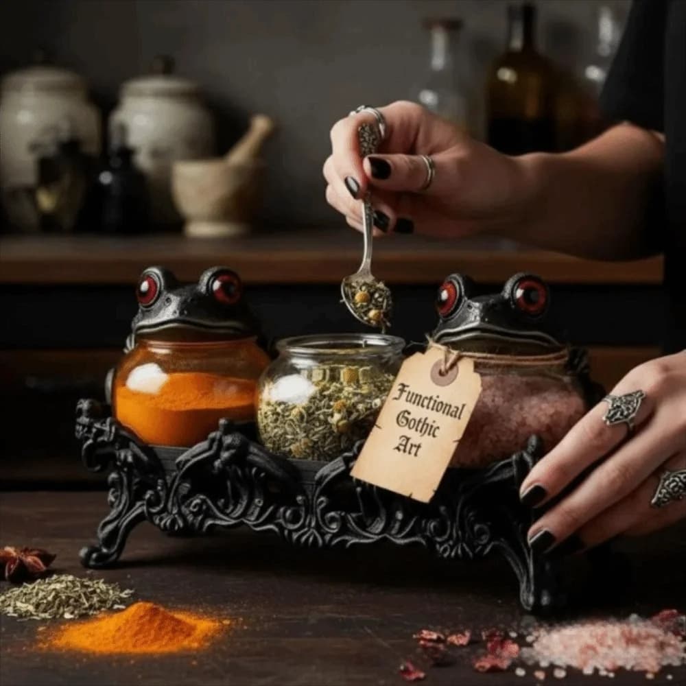 Resin Frog Lid Glass Storage Jar Set with Carved Resin Stand Retro Desktop Spice Candy Container Home Decor Ornament