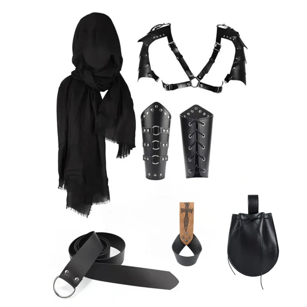 7 pezzi uomo Vintage cavaliere medievale mantello con cappuccio sciarpa cintura rinascimentale protezione da polso Halloween Cosplay accessori per costumi Prop