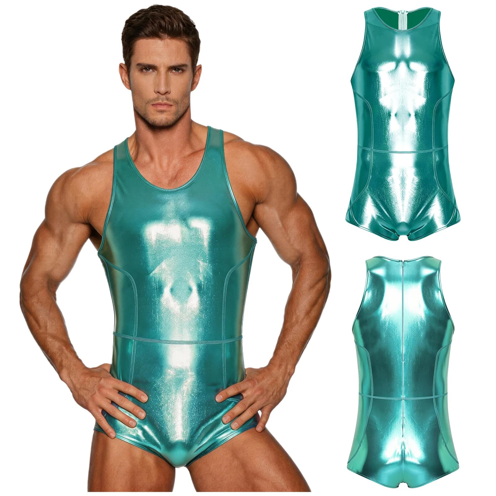 Mens One Piece Swimsuit Metallic Shiny Bodysuit Shorts Bottom Swimwear Sleeveless Back Zipper Swimming Bathing Suit Clubwear