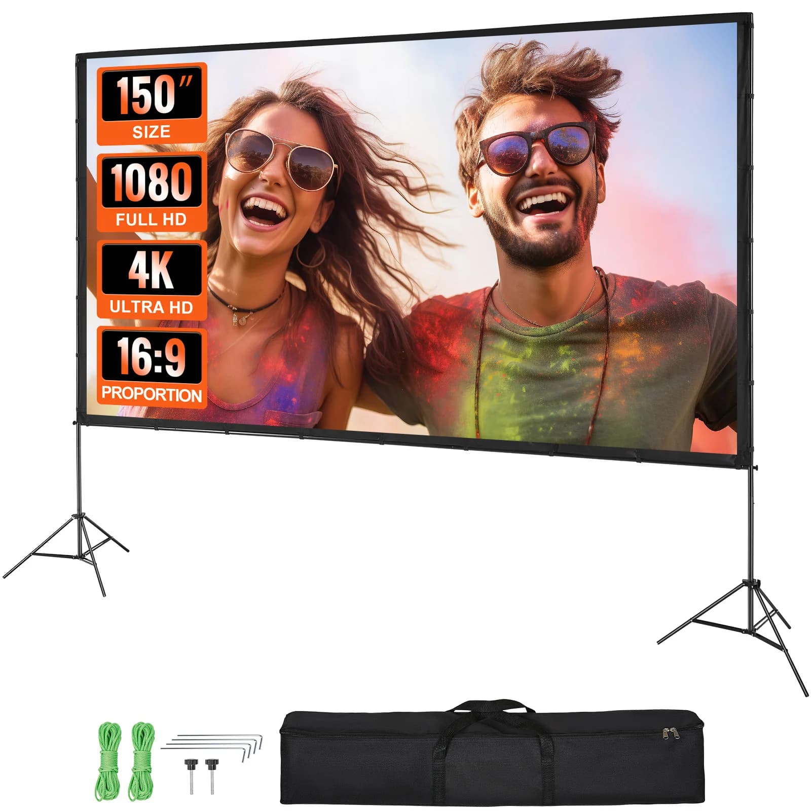 SucceBuy Schermo per proiettore con supporto 150 pollici 16:9 4K 1080 HD Schermo per proiezione portatile per Home Office Garden Moive Theater Cinema