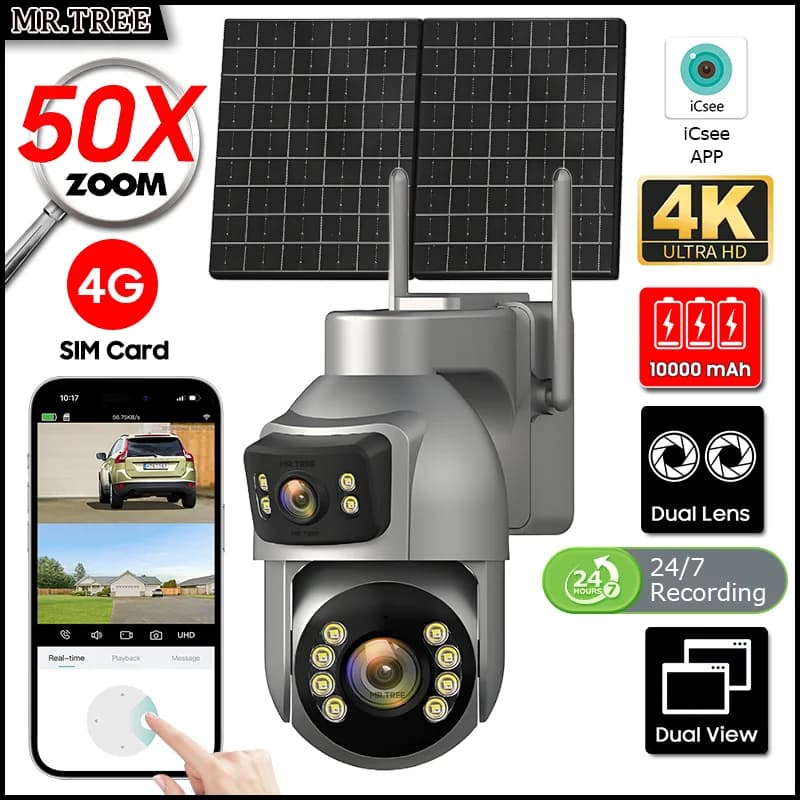 4G External Surveillance Camera with SIM and Solar Panel, Zoom 50X, Automatic Tracking, Domestic Protection, Night Vision 10MP, 24 Hour Registration