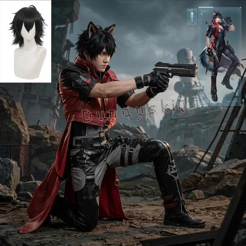 Costume Cosplay in Pelle di Endfield Wulfgard dal Gioco Anime Arknights, Giacca Biker Corta con Colletto Alto e Mantello Lungo, per Halloween