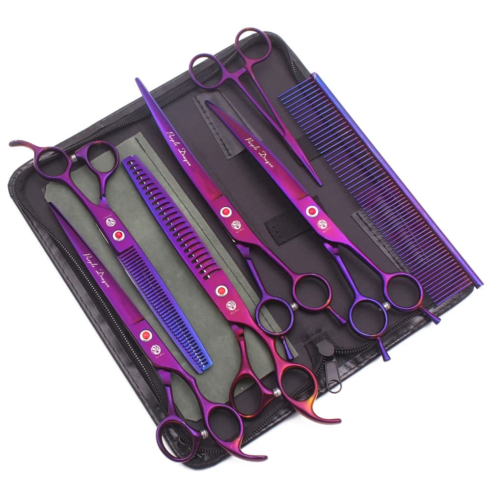 Forbici per toelettatura cani da 8 pollici Drago viola Cesoie per sfoltire Forbici professionali per animali domestici per gatti Taglio dei capelli Z3015-b di alta qualità