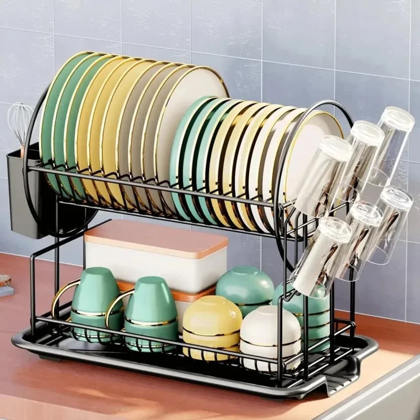 Scolapiatti a 2 livelli con vassoio raccogligocce, porta stoviglie, porta tazze, porta coltelli e forchette per piano cucina