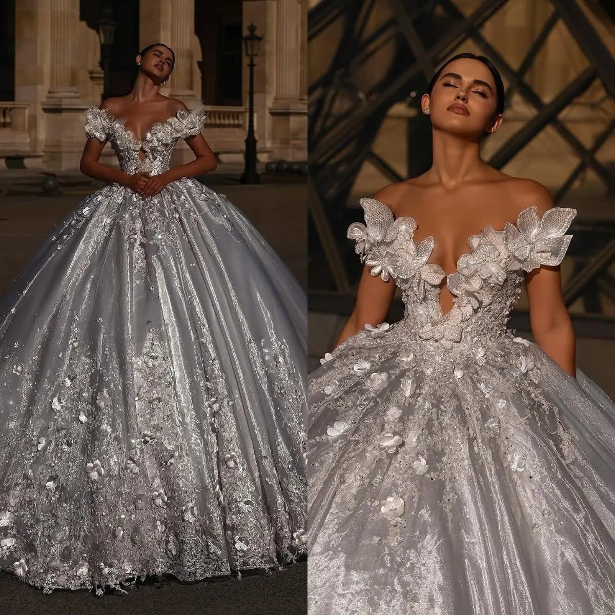 Splendidi abiti da sposa abito da ballo scollo a V applicazioni paillettes pavimento-lunghezza abiti da sposa senza schienale su misura Vestido de novia