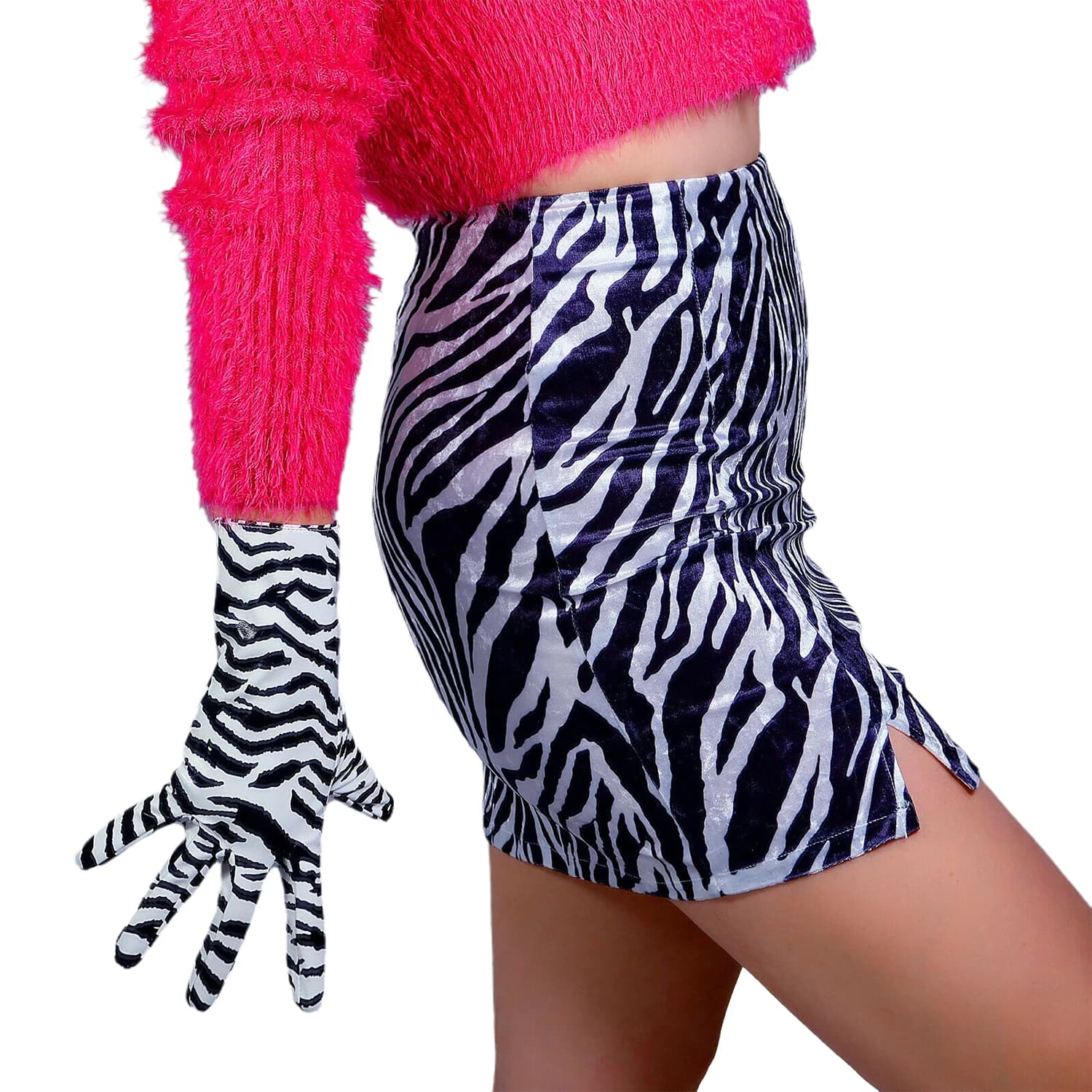 DooWay Guanti da donna in pelle zebrata da polso corto effetto lattice finta vernice PU stampa pelle animale guanto moda Halloween o cosplay