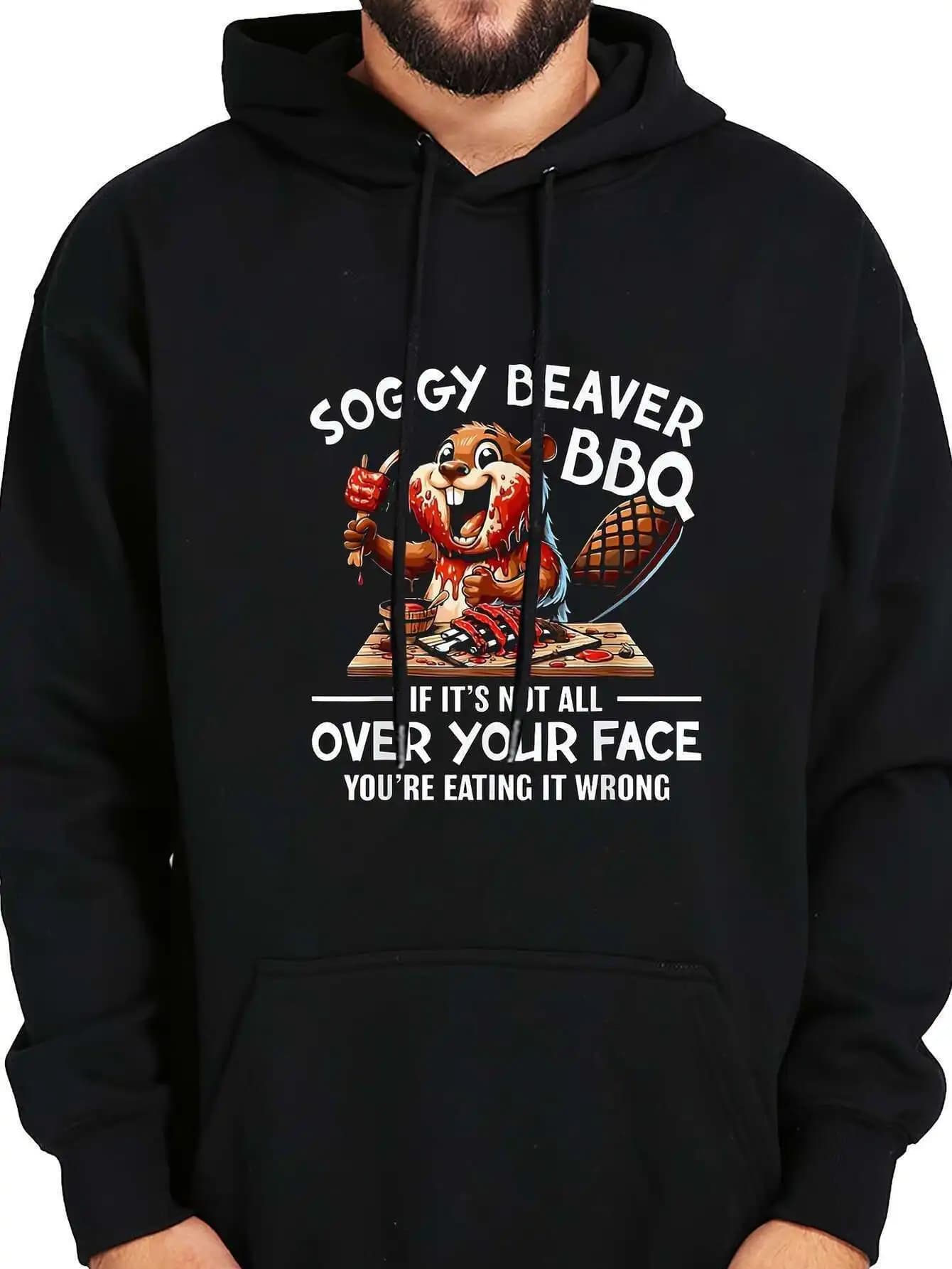 Soggy Beaver Men's BBQ hoodie - Funny black casual sportswear with humorous design barbecue, 60% and 40% polyester