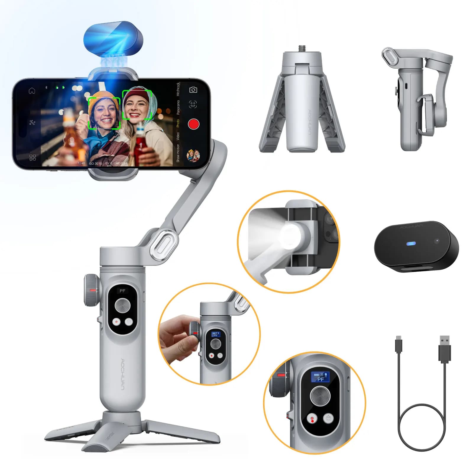 AOCHUAN Smart Xpro AI Localization sensor Gimbal No App Cardanic stabilizer for smartphone 3 axle stabilizer for iPhone and Android phone Grey