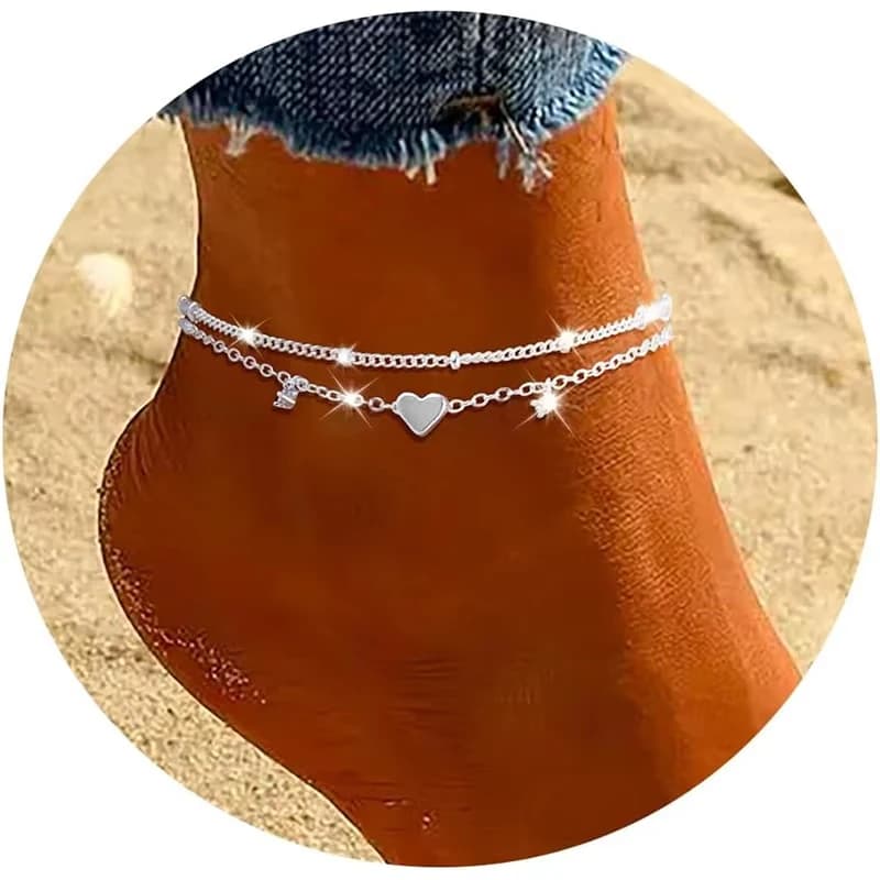 Braccialetti cavigliera CZ placcati in nastro 925 per donna Ragazza Trendy Nuovo ciondolo a forma di cuore impermeabile Cavigliere a catena con strati delicati Regali di gioielli