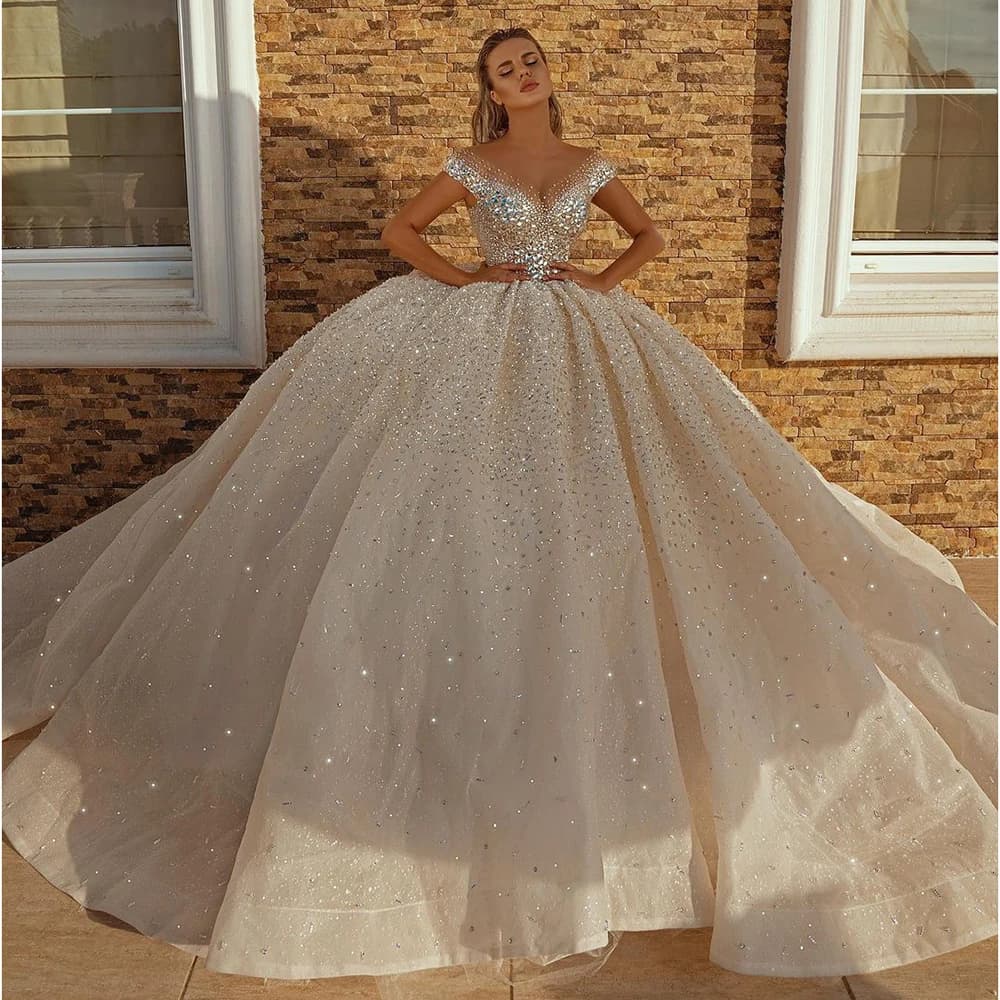 STEVDITG abito da sposa di lusso squisito berretto cinghie scollo a v cristallo paillettes Sweep Train Ball Gown elegante abito da sposa personalizzato